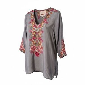 Biya Johnny Was Grey Silk Embroidered Floral V-Neck Tunic Top Womens Small Boho
